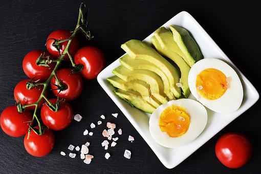 eggs avocado and tomatos on white plate