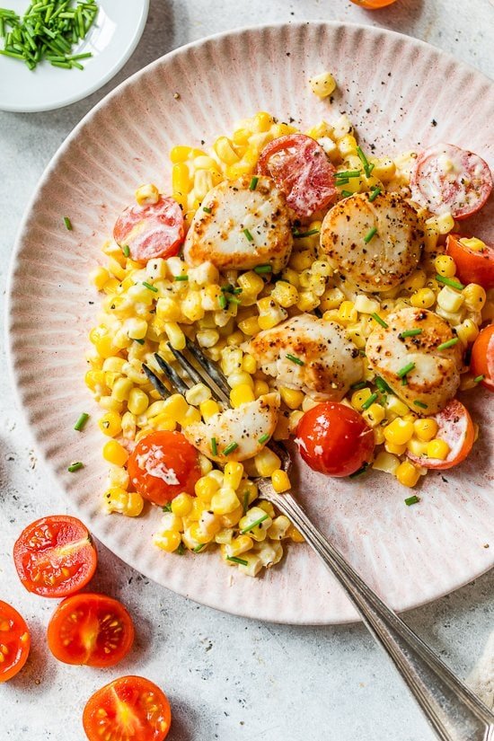 Seared Scallops with Creamy Corn, Tomatoes and Chives
